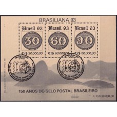 BC0095.08-BLOCO EXPOSIÇÃO FILATÉLICA BRASILIANA 93 - 150 ANOS DO SELO POSTAL BRASILEIRO, FILIGRANA 1ª POSIÇÃO - 1993 - CBC DIA DA FEDERAÇÃO INTERNACIONAL DE FILATELIA - FIP