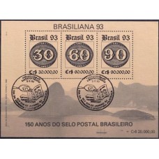 BC0095.10-BLOCO EXPOSIÇÃO FILATÉLICA BRASILIANA 93 - 150 ANOS DO SELO POSTAL BRASILEIRO, FILIGRANA 1ª POSIÇÃO - 1993 - CBC DIA DA IMPRENSA E LITERATURA FILATÉLICA/ENCERRAMENTO