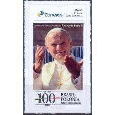 PB0188M-SELO PERSONALIZADO CENTENÁRIO DO NASCIMENTO DO PAPA JOÃO PAULO II E 100 ANOS DAS RELAÇÕES DIPLOMÁTICAS BRASIL - POLÔNIA, AUTOADESIVO - 2020 - MINT