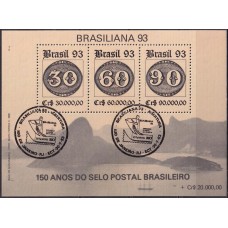 BC0095.011-BLOCO EXPOSIÇÃO FILATÉLICA BRASILIANA 93 - 150 ANOS DO SELO POSTAL BRASILEIRO, FILIGRANA 1ª POSIÇÃO - 1993 - CBC ABERTURA