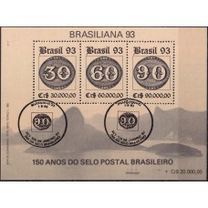 BC0095.042-BLOCO EXPOSIÇÃO FILATÉLICA BRASILIANA 93 - 150 ANOS DO SELO POSTAL BRASILEIRO, FILIGRANA 2ª POSIÇÃO - 1993 - CBC DIA DO SELO BRASILEIRO