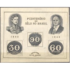 BL0007NV.01-BLOCO CENTENÁRIO DO SELO BRASILEIRO, FILIGRANA VERTICAL - 1943 - N